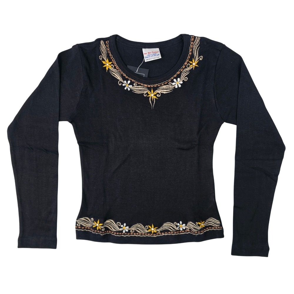 Far Out Fashion Black Embroidered Floral Long Sleeve Cotton Top Nepal Medium M